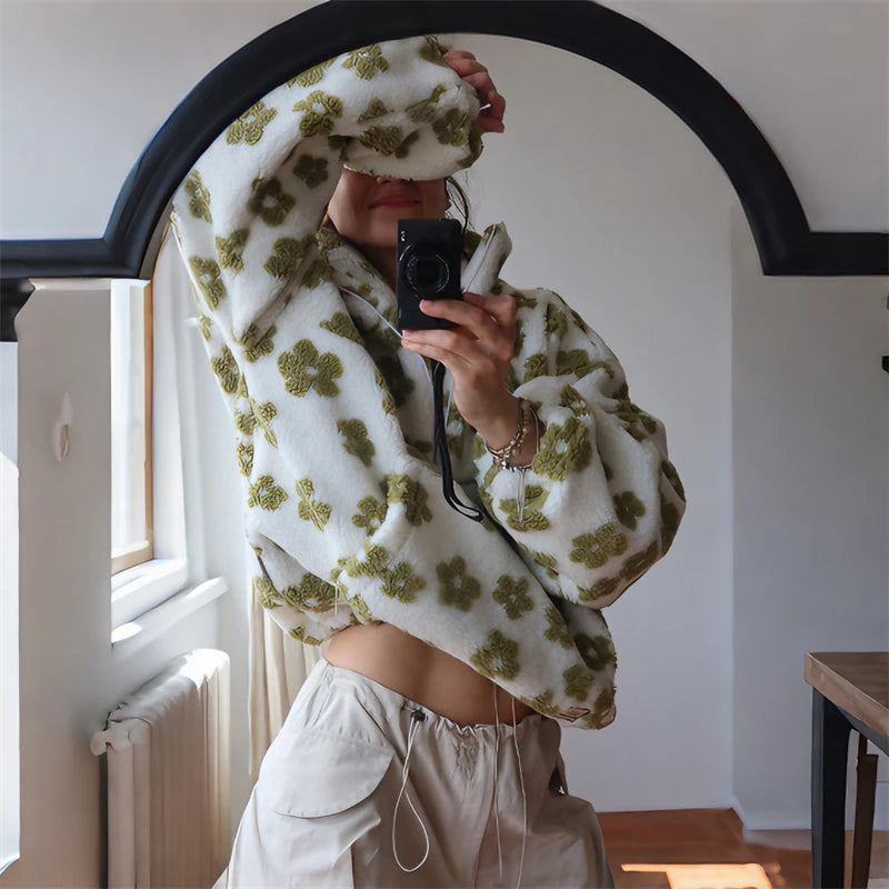 Floral Print Faux Lamb Wool Hoodie with Zipper Pocket