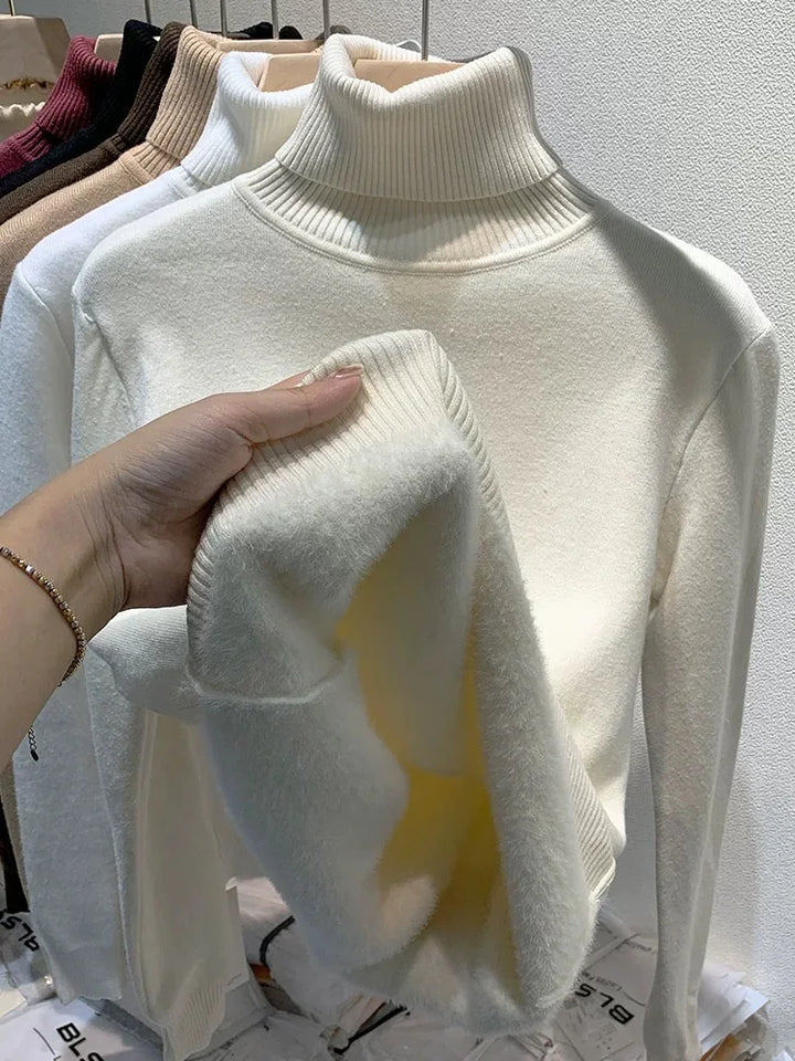 Elegant Women's Thick Velvet Lined Turtleneck Sweater