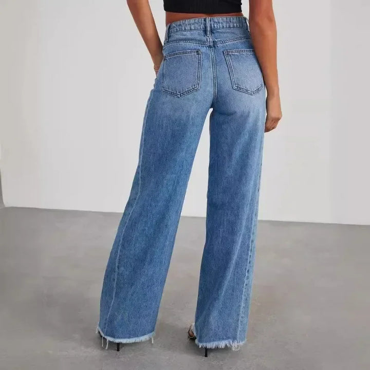 Solid Color Loose Wide Leg Side Seam Jeans