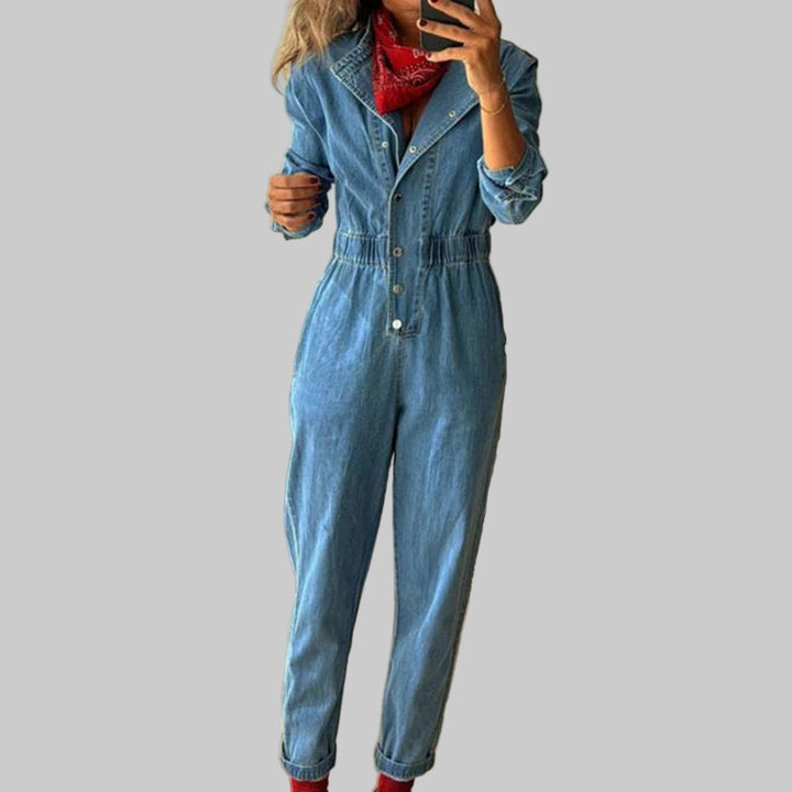 Retro Long Sleeve Slim-Fit Denim Jumpsuit