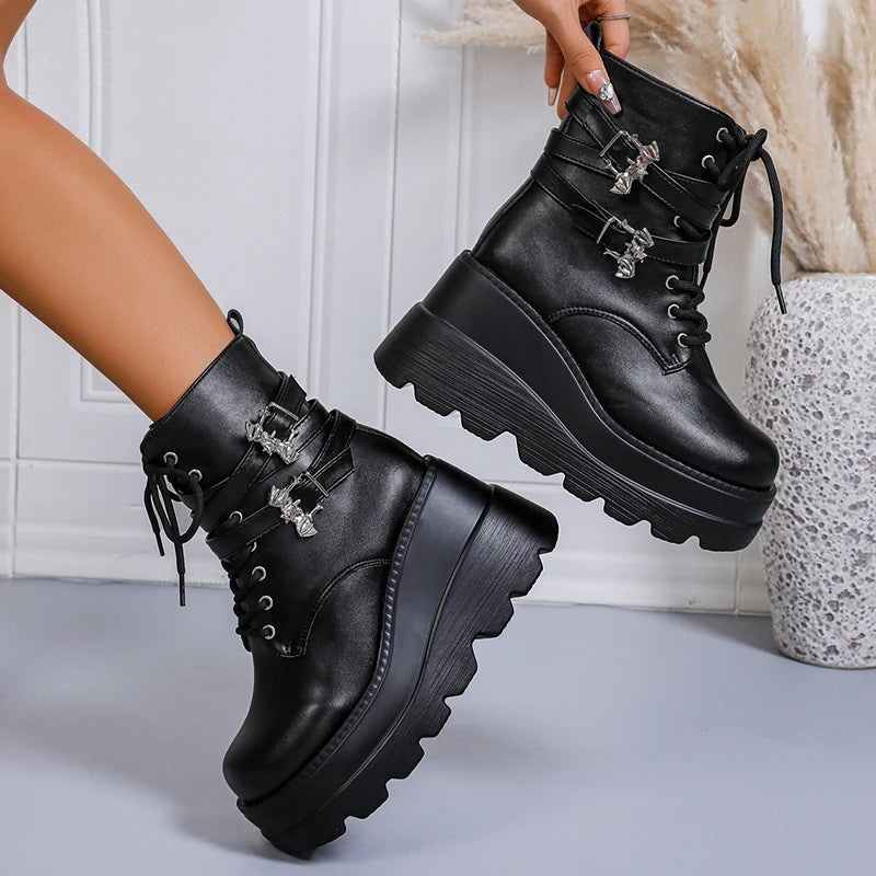 Thick-soled lace-up punk ankle boots