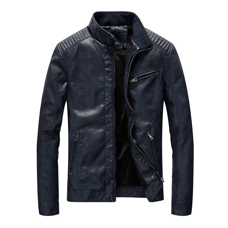 Slim Fit PU Leather Stand Collar Motorcycle Jacket
