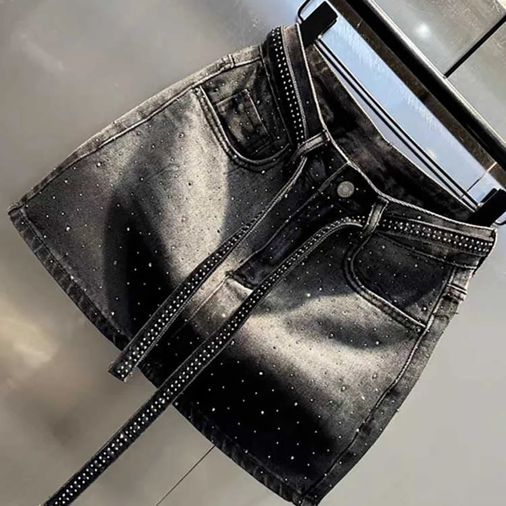 Oversized Retro Diamond Denim Mini Skirt