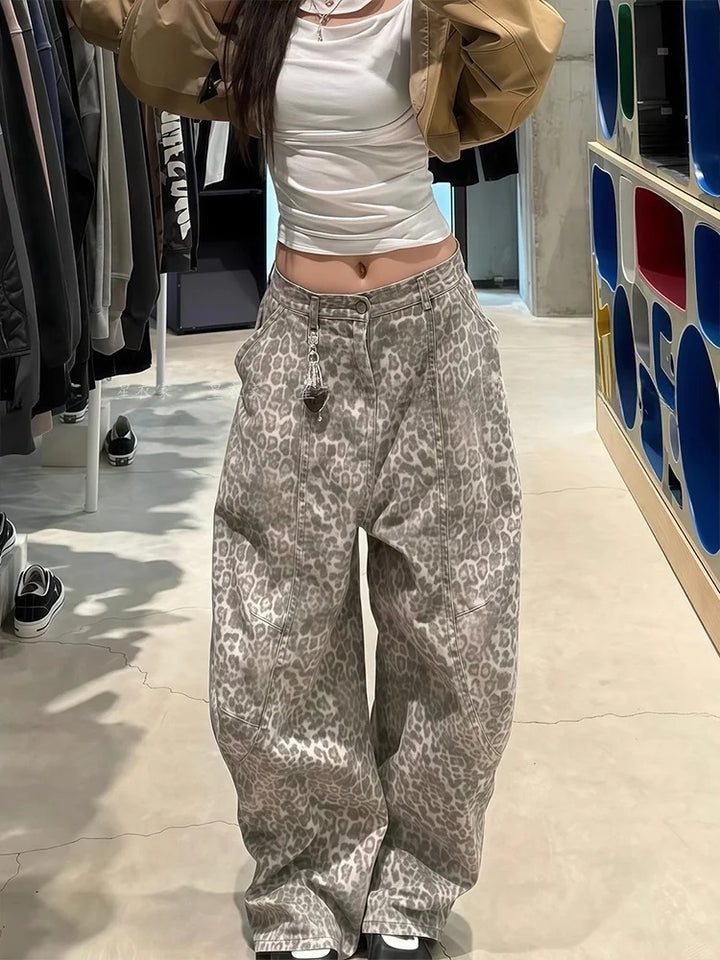 American Retro Stitching Leopard Print Pants