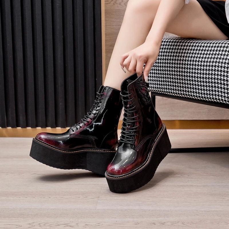 Genuine Leather High Heel Platform Winter Ankle Boots