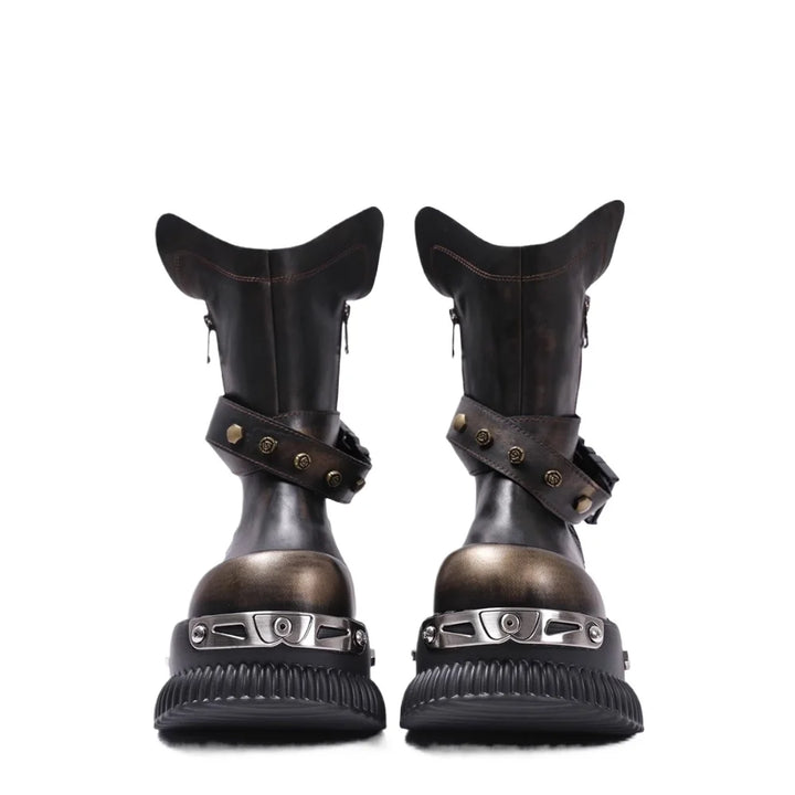 Authentic Leather Mid-Calf Motorcycle Boots with Buckle Strap