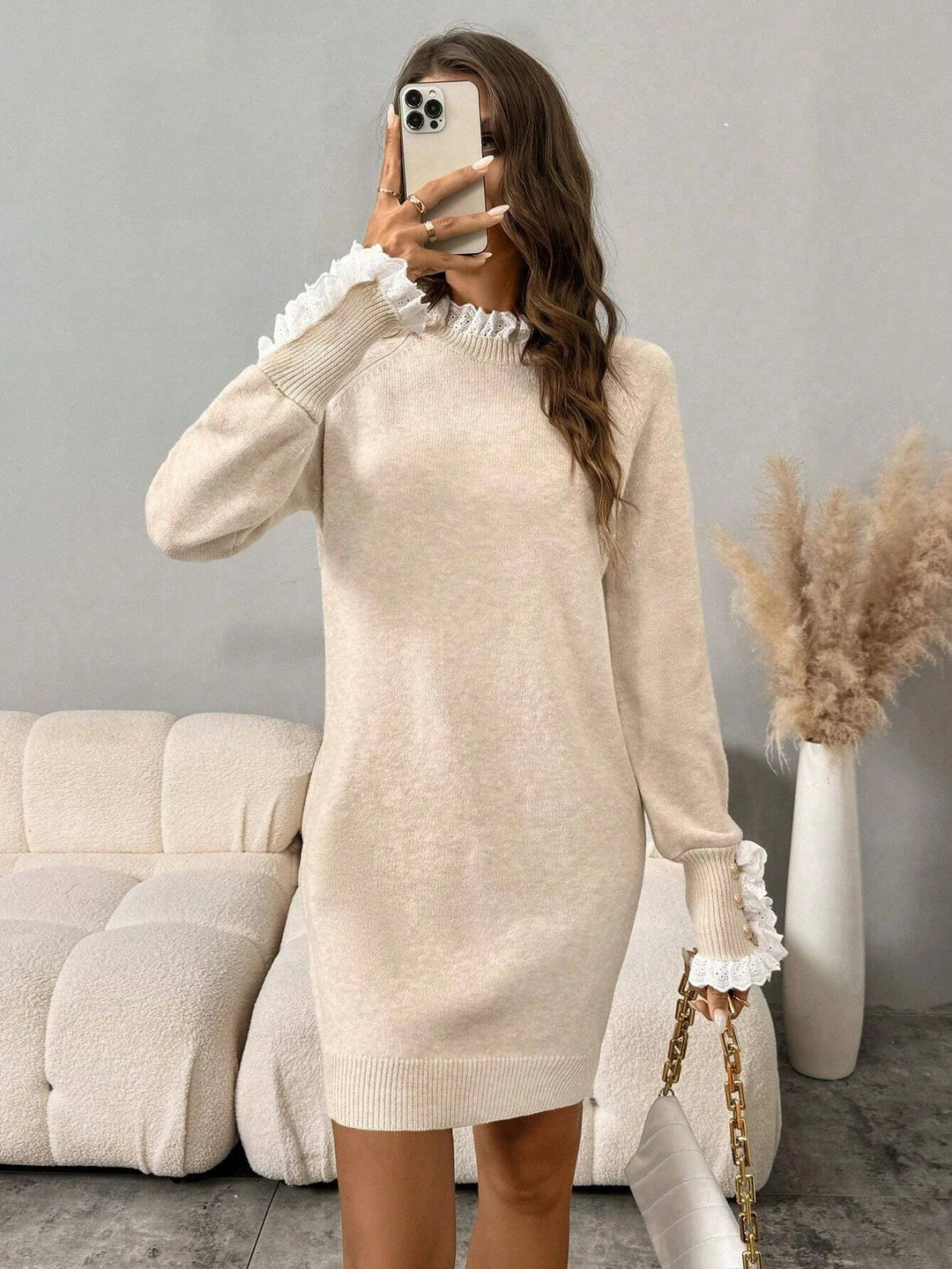 Lace Splicing Slim Knit Top Sweater