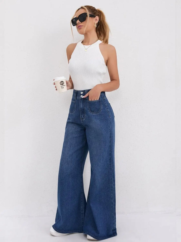 High Waisted Wide Leg Floor-Length Jeans