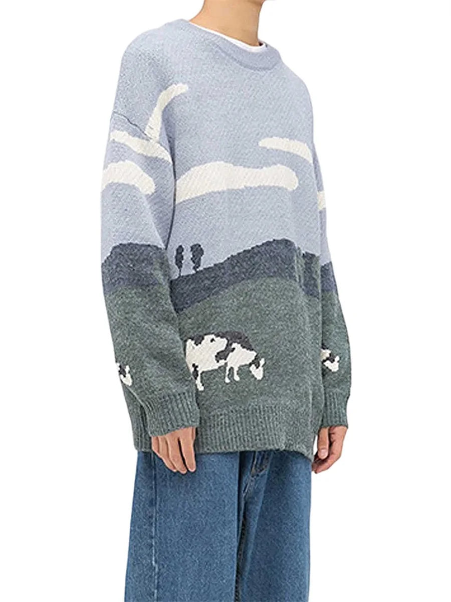 Cozy Cow Print Knitted Winter Sweater