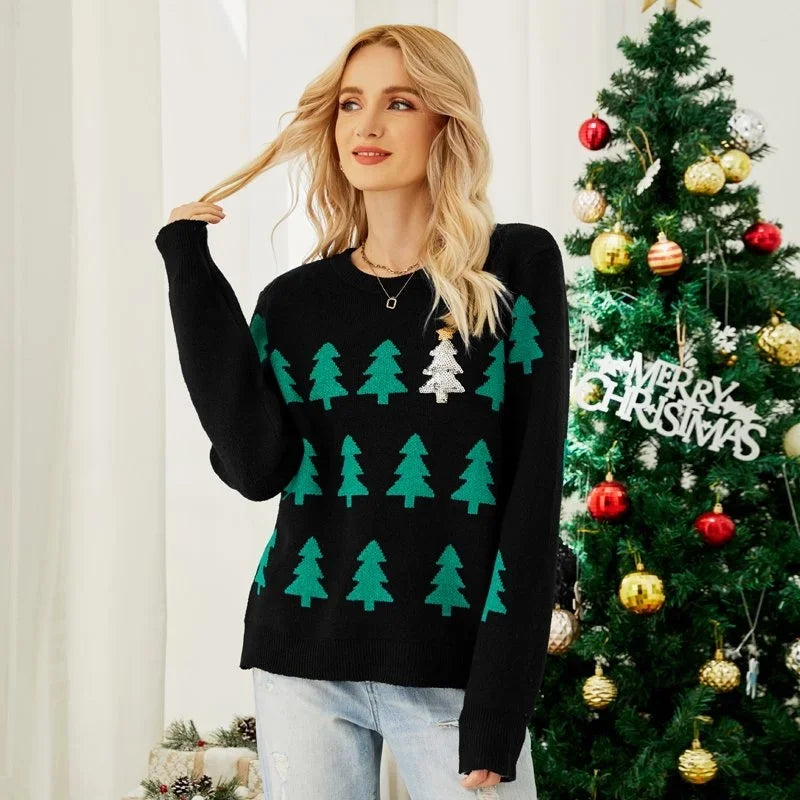 Santa Tree Pattern Loose Knit Christmas Sweaters