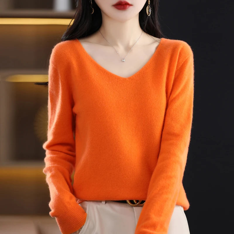 100% Pure Merino Wool Women's V-Neck Sweater