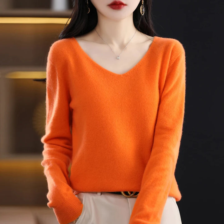 100% Pure Merino Wool Women's V-Neck Sweater