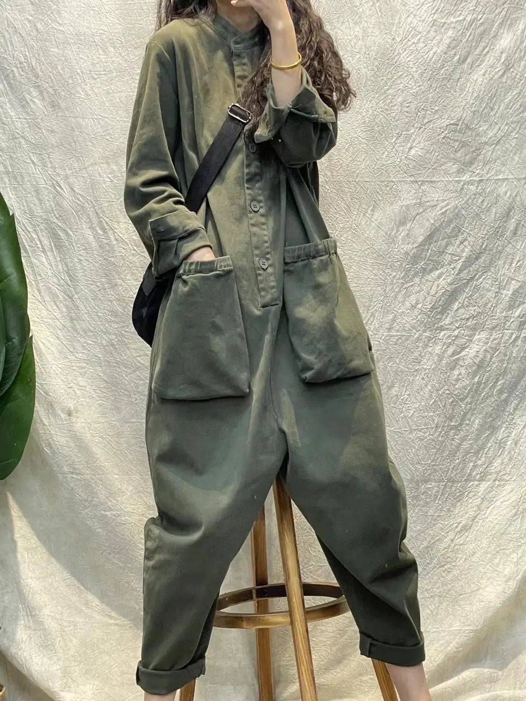 Long Sleeve Solid Color Jumpsuit with Pockets