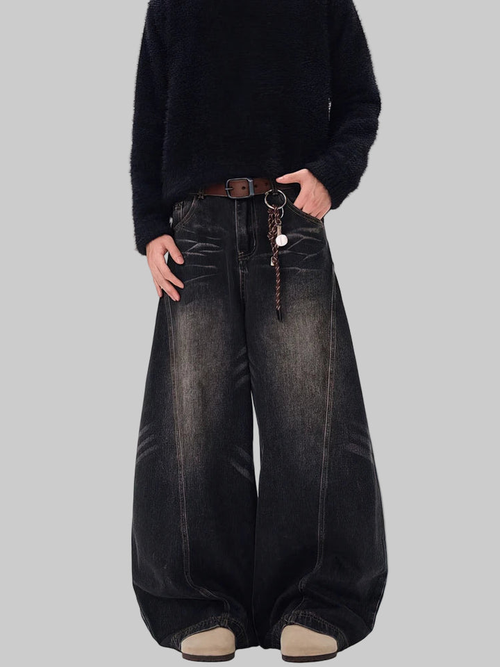 Retro Washed Curved Blade Baggy Wide-Leg Jeans
