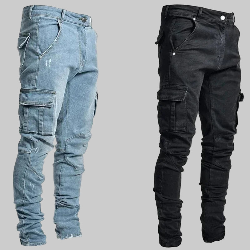 Slim Fit Elastic Multi-Pocket Cargo Jeans