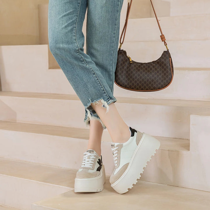 8cm Genuine Leather Platform Wedge Chunky Sneakers