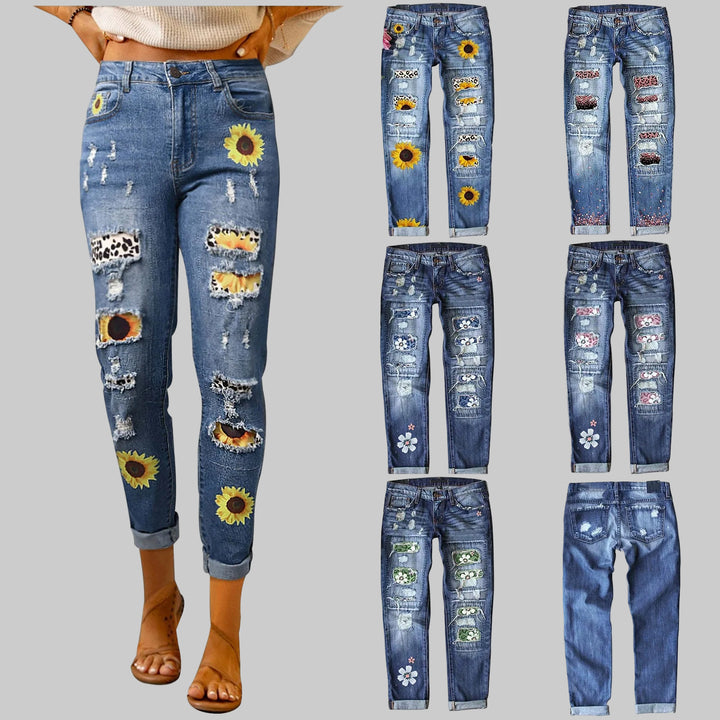High-Waisted Blue Floral Print Stretch Jeans with Ripped Details