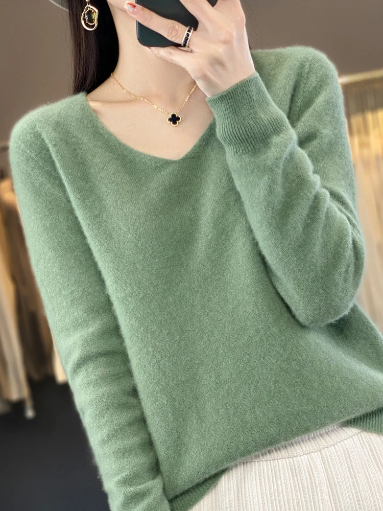 100% Pure Merino Wool Women's V-Neck Sweater