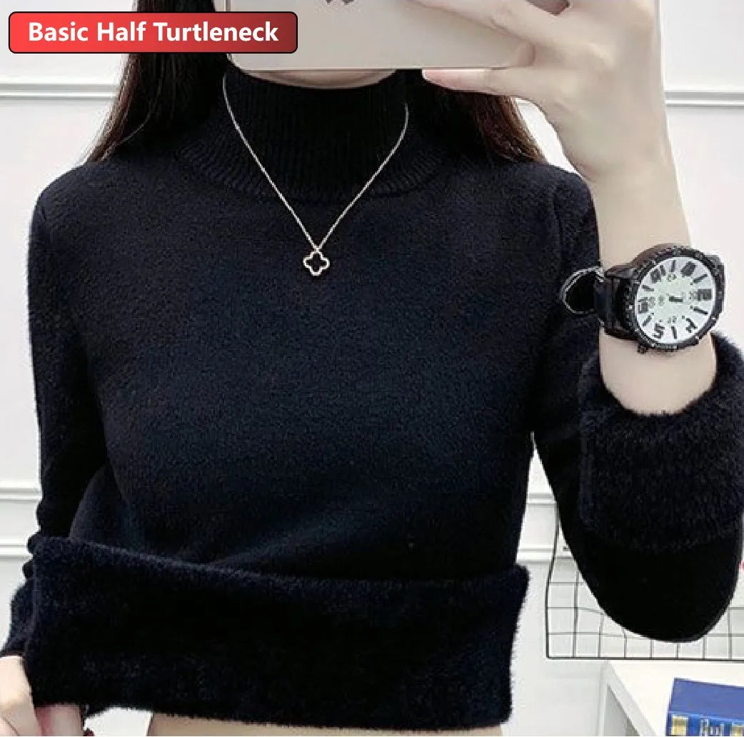 Elegant Women's Thick Velvet Lined Turtleneck Sweater