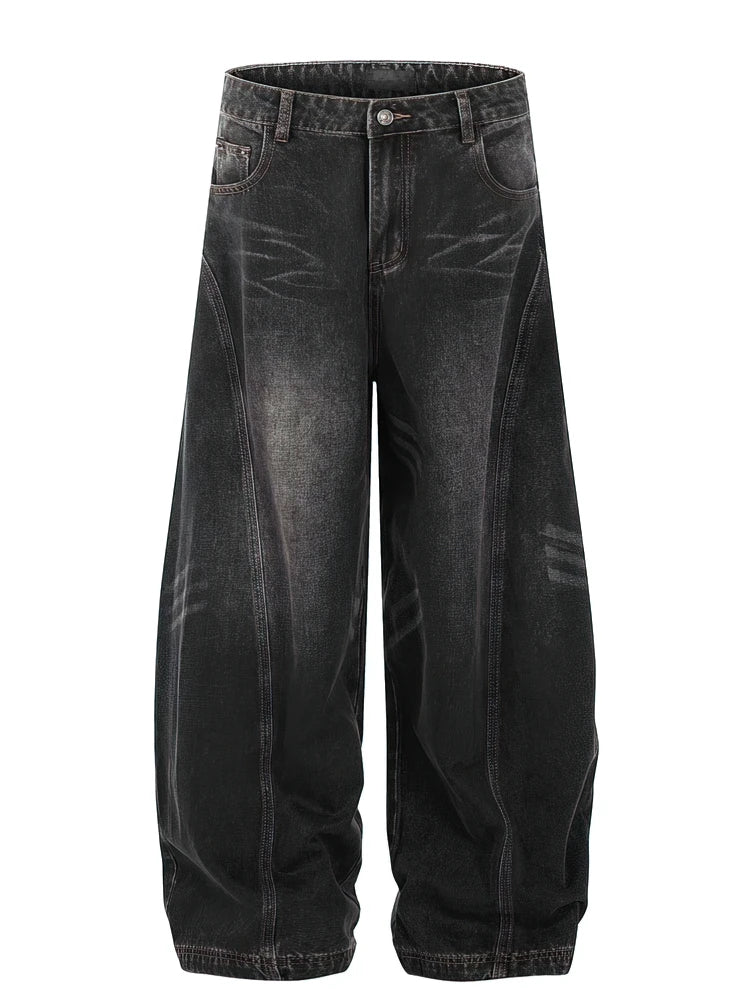Retro Washed Curved Blade Baggy Wide-Leg Jeans