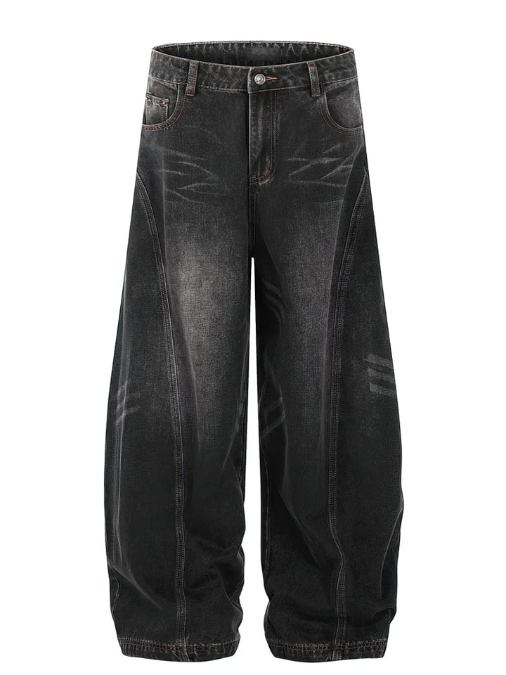 Retro Washed Curved Blade Baggy Wide-Leg Jeans