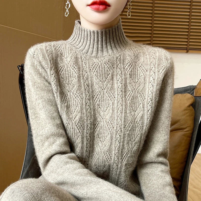 100% Merino Wool Solid Color Mock Neck Pullover Sweater