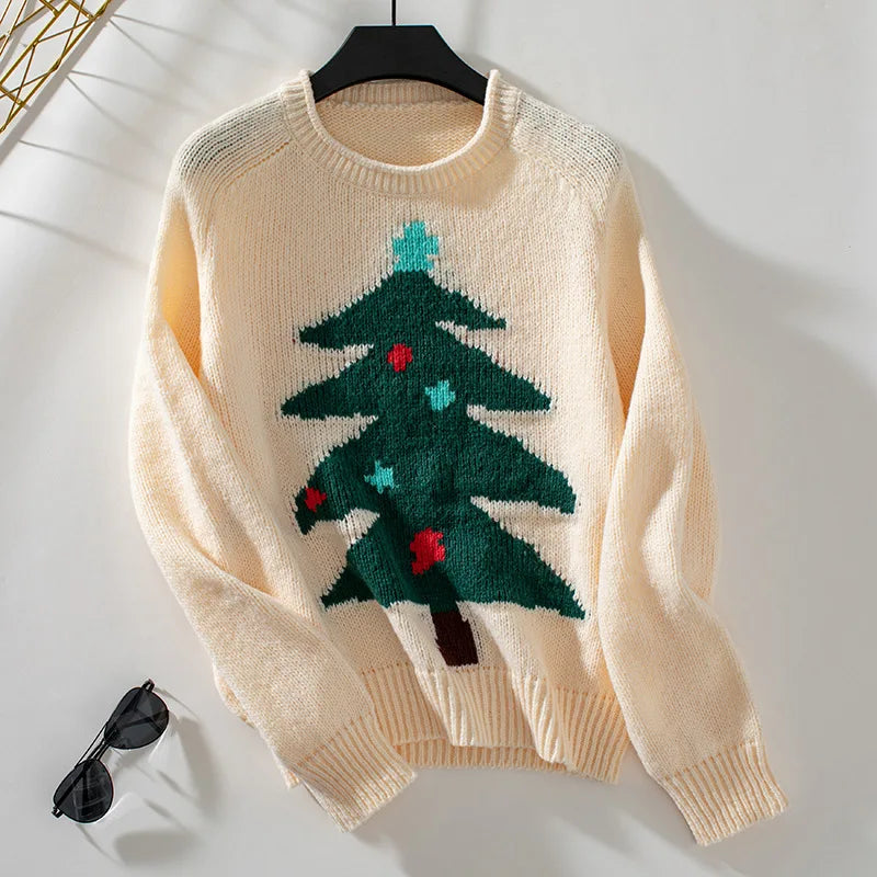 Crew Neck Christmas Tree Pattern Sweater