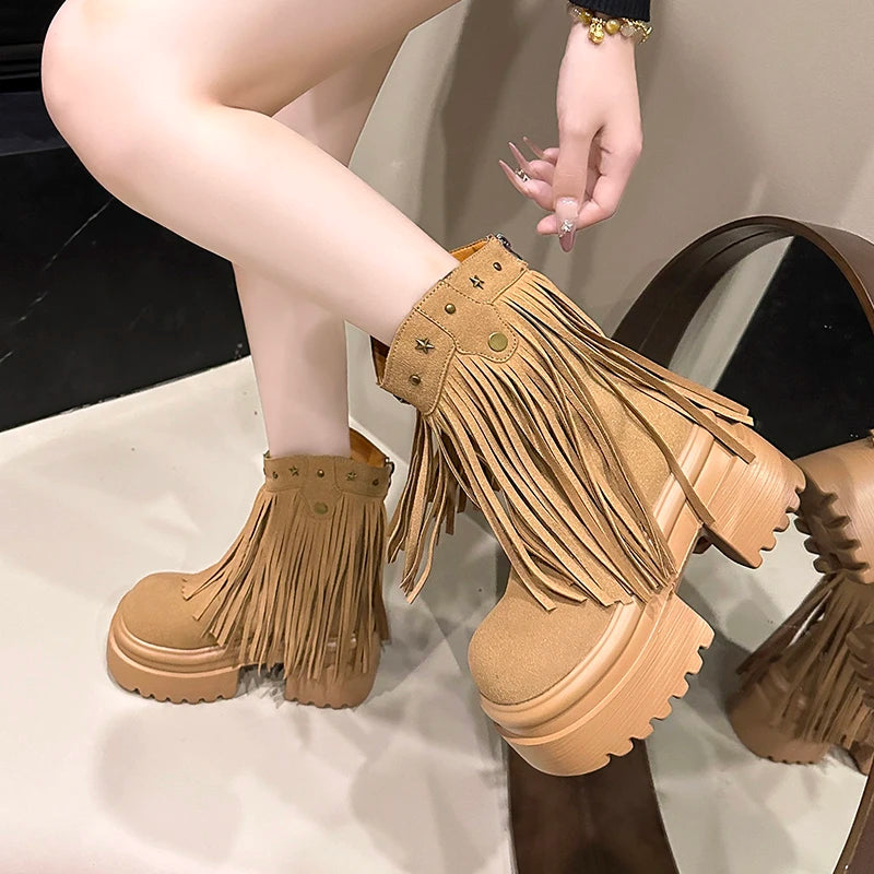 9CM Platform Tassels Chunky Boots