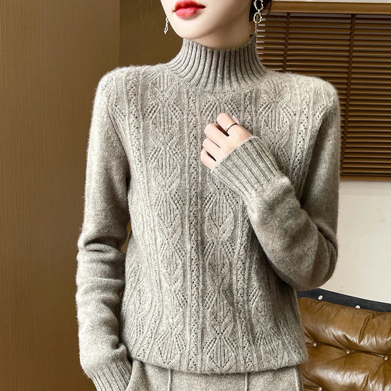 100% Merino Wool Solid Color Mock Neck Pullover Sweater