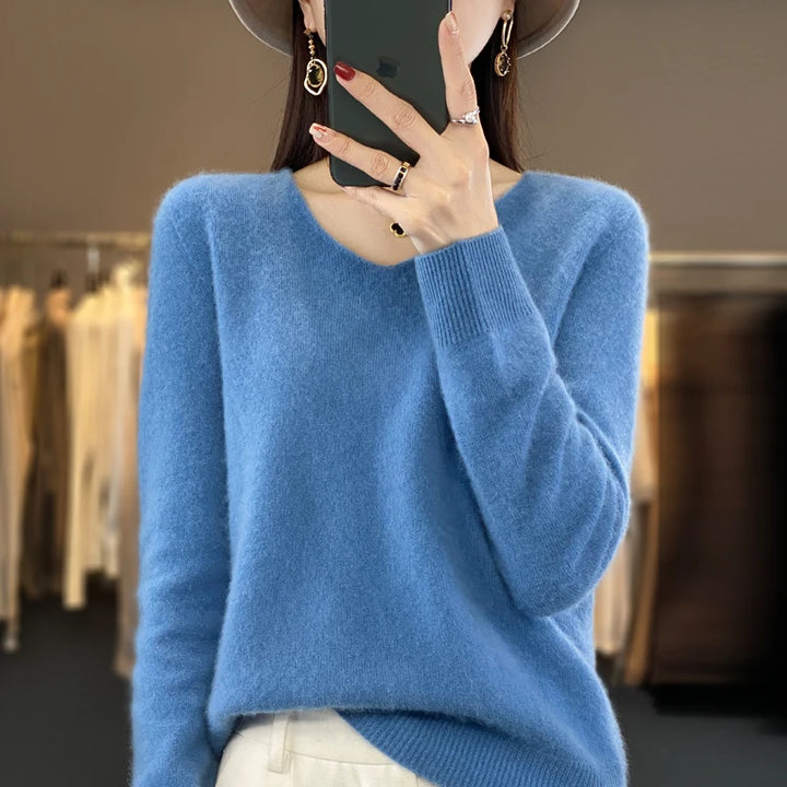 100% Pure Merino Wool V-Neck Autumn Winter Sweater