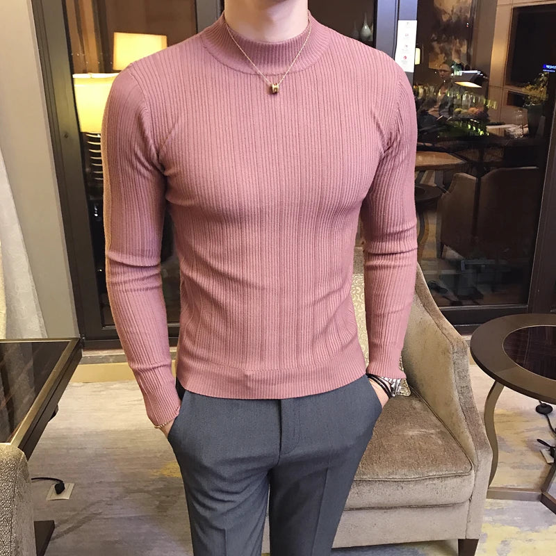 Slim Fit Striped Knit Turtleneck Sweater