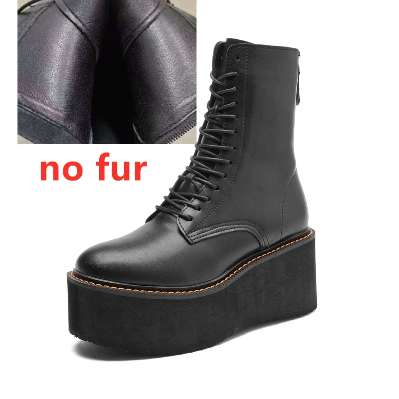 Genuine Leather High Heel Platform Winter Ankle Boots