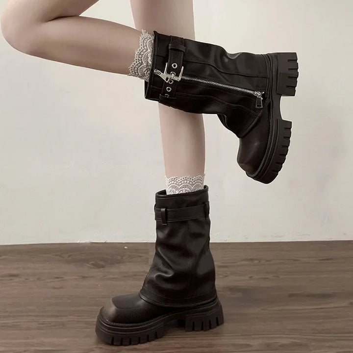 Elegant Winter Biker Boots with Belt Buckle
