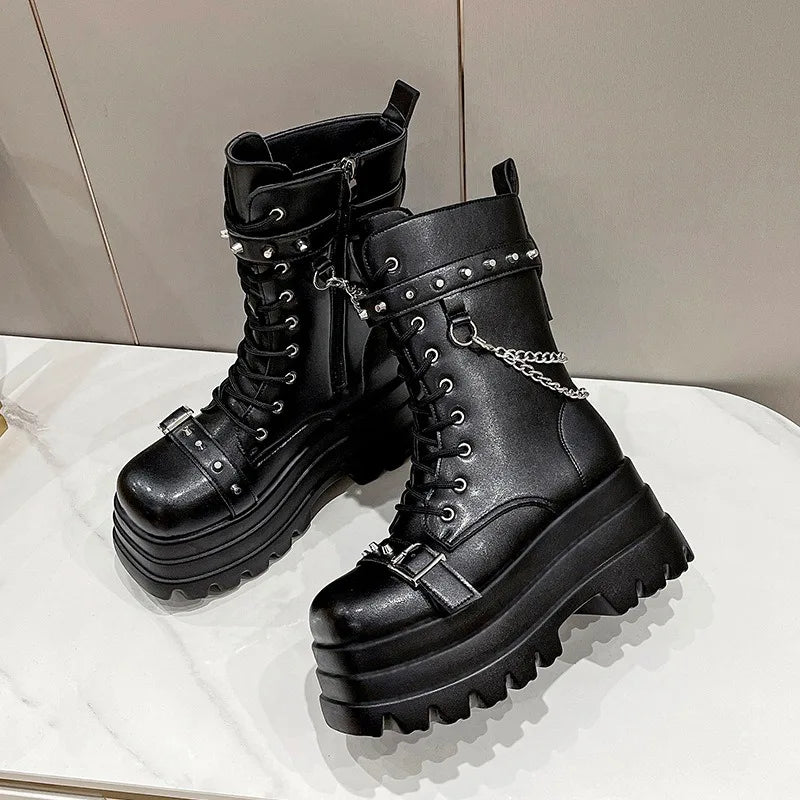 Thick Gothic Knee-High Platform Wedge Boots with Buckle