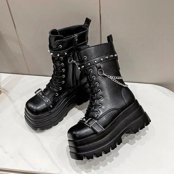 Thick Gothic Knee-High Platform Wedge Boots with Buckle