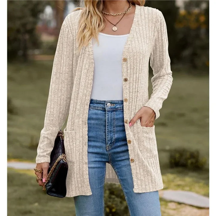 Fleece-Striped V-Neck Long Sleeve Cardigan