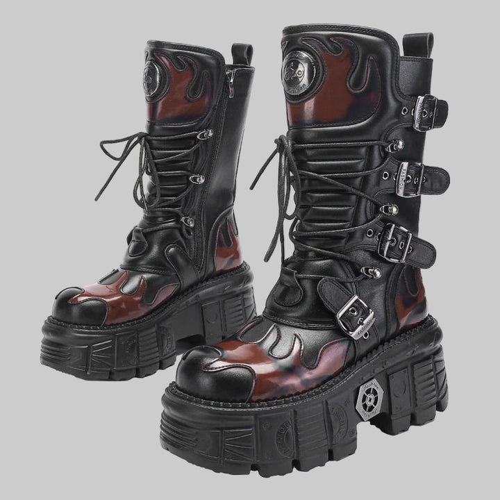 Punk Platform Belt Buckle Flame Boots