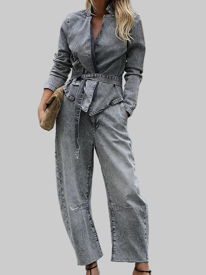 Chic Denim Long Sleeve Coat and Straight Pants Two-Piece Set