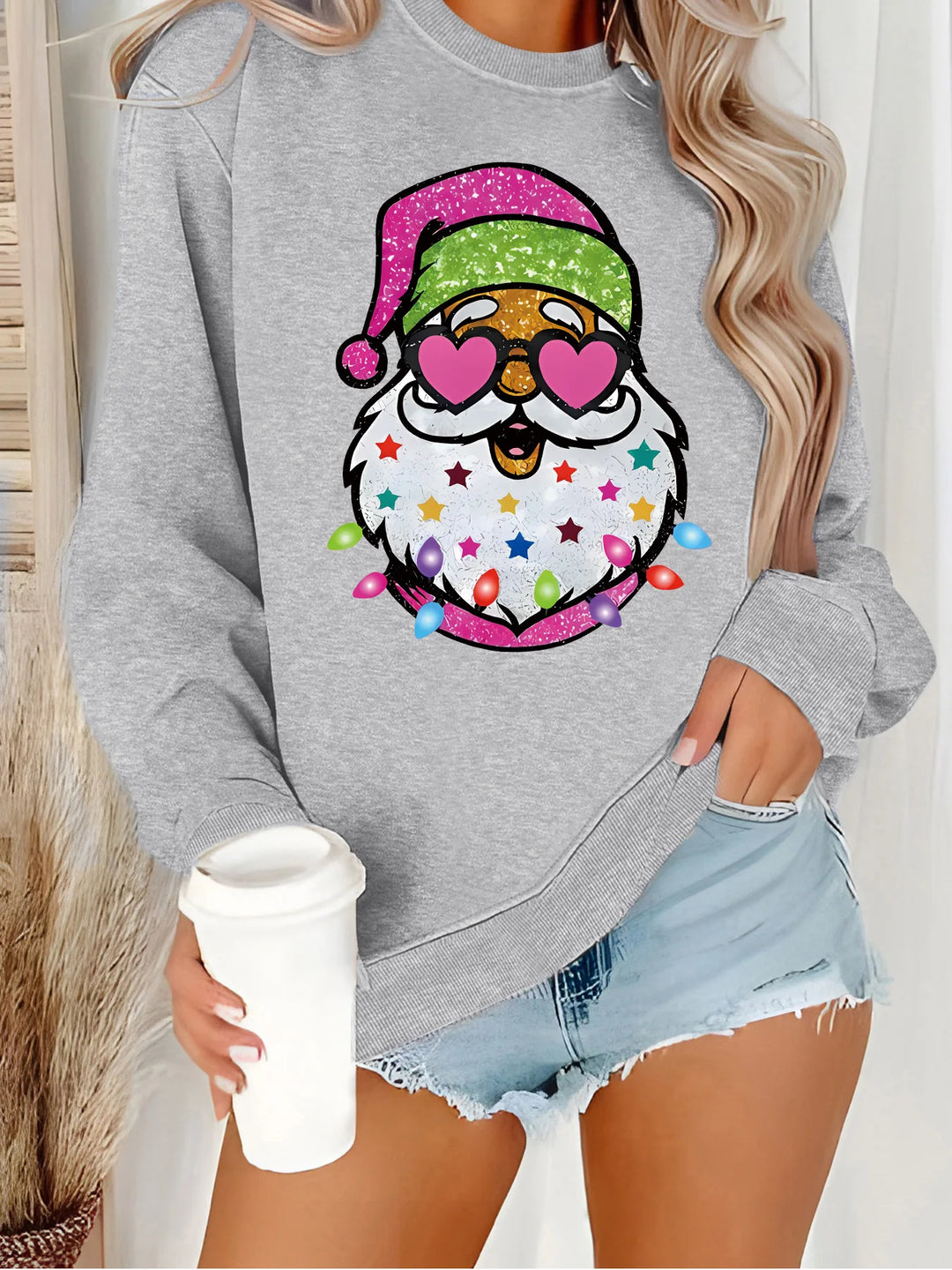 Santa Claus Printed Round Neck Christmas Sweater