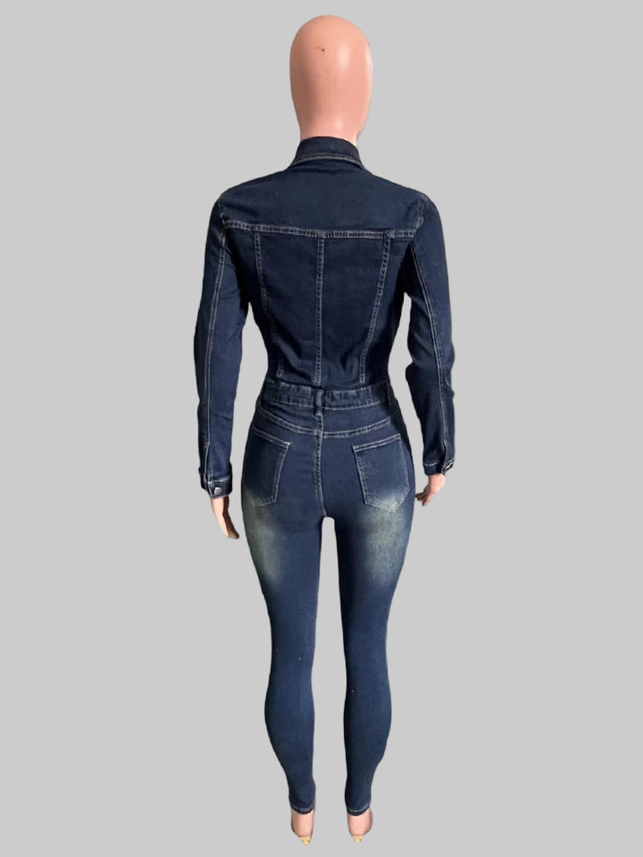 Sexy One-Piece Collared Long Sleeve Slim Overalls