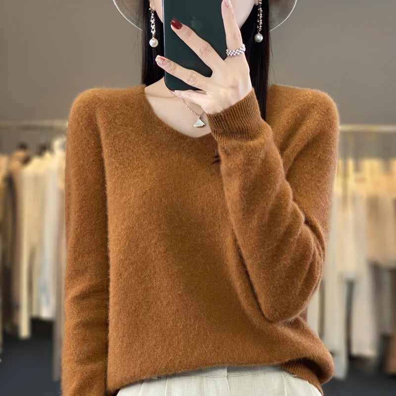 100% Pure Merino Wool V-Neck Autumn Winter Sweater