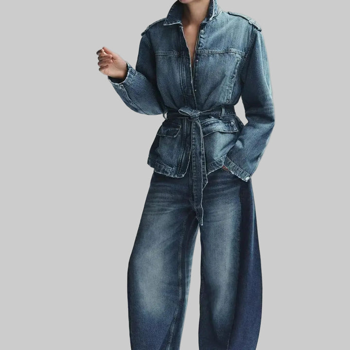 Long Denim Jacket with Belt
