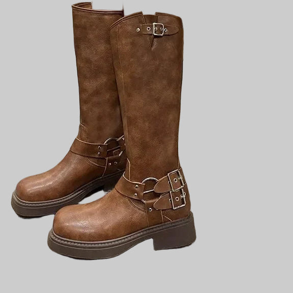 Retro Denim Long Tube Boots in Maillard Style