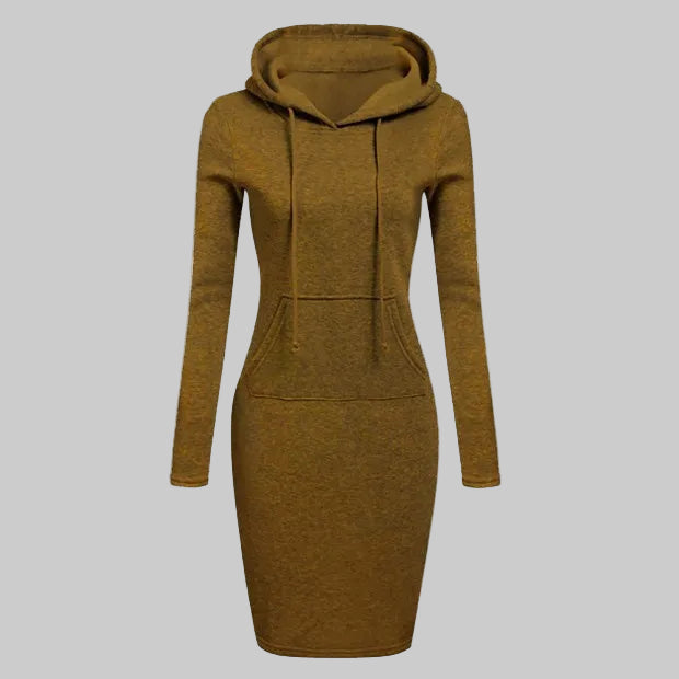 Solid Color Hooded Long-Sleeve Dress