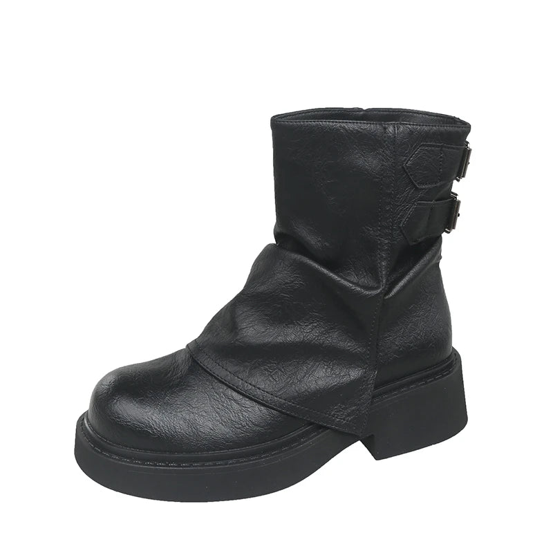 Elegant Belt Buckle Low Heels Leather Ankle Boots