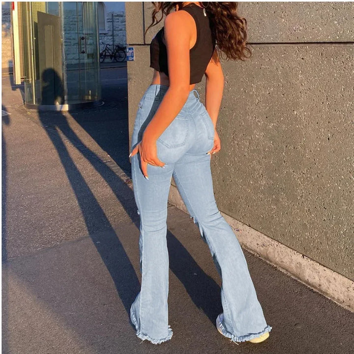 Retro Stretch Ripped Bell Bottom Jeans