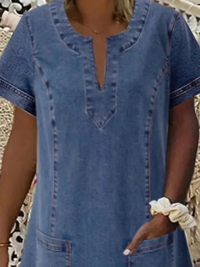 Short Sleeve Loose A-Line V-Neck Denim Dresses