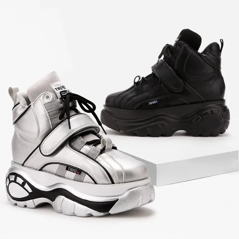 Genuine Leather High Top Wedge Chunky Sneakers