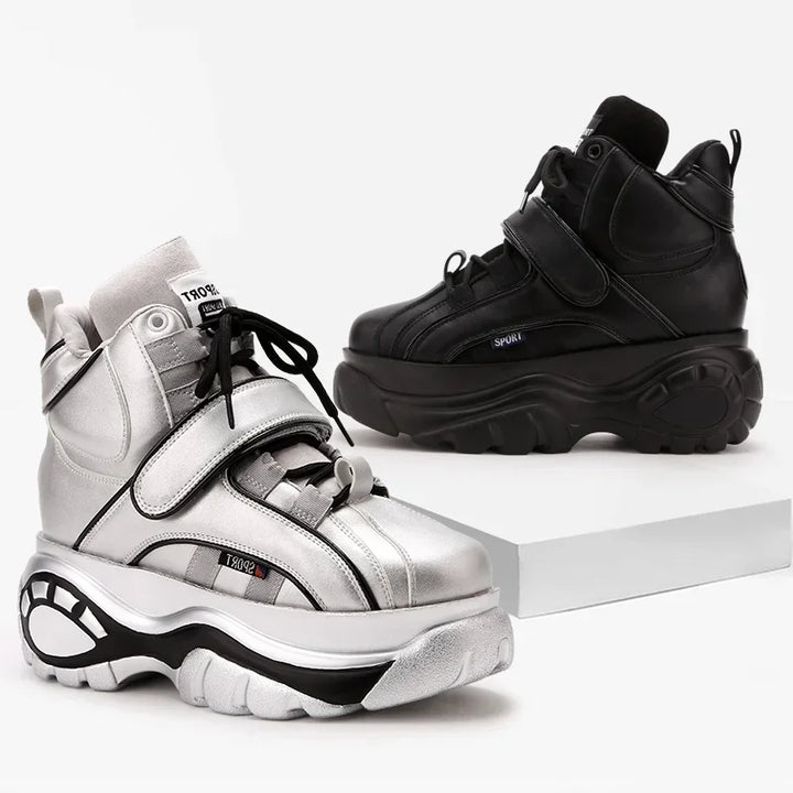 Genuine Leather High Top Wedge Chunky Sneakers
