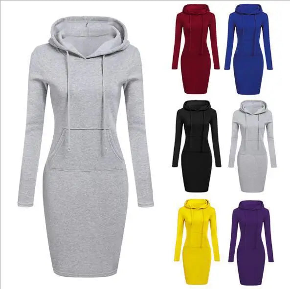 Solid Color Hooded Long-Sleeve Dress